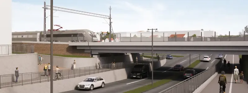 Visionsbild som visar järnvägsbron och Brunnsgatan när bygget är klart. Illustration: Trafikverket