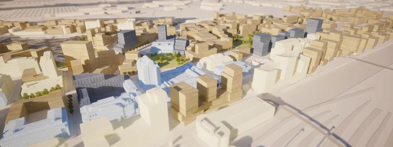 Nyhamnen, vy från sydväst/Malmö C. Mörkblå = Wihlborgs byggrätter. Ljusblå = Wihlborgs befintliga bestånd. Ljusbeige = Övriga befintliga byggnader. Mörkbeige = Övrig planerad bebyggelse. Bild: Wihlborgs