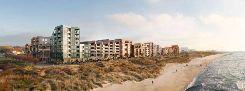 Den första delen av en skyddande vall mellan stranden och bebyggelsen anläggs längs kusten i Västra Sjöstaden. Fotograf/Källa: Visionsbild framtagen av Kanozi arkitekter på uppdrag av Granitor/Serneke.