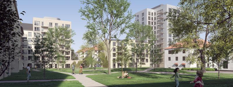 Ca 70 bostadsrätter kan bli möjliga i Östermalms Park (här illustrerat av det högre huset till höger i bilden).