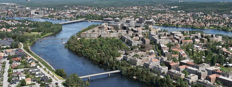Bilden är en visionsillustration över Norra Ön. Till vänster högst upp skymtar en av de två planerade nya gång- och cykelbroarna. Illustration: SWMS Arkitektur