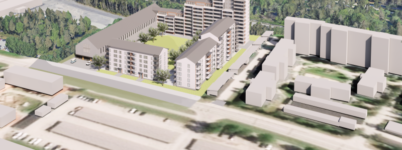 Översiktlig flygvy över föreslagen bebyggelse på Gökungen 2, sett från väster. Illustration: Arkinova.