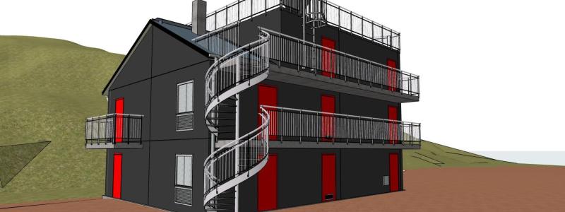 Skiss på övningshus där utformningen skapar möjlighet att träna i olika miljöer. Arkitektskiss: Fredblad arkitekter.