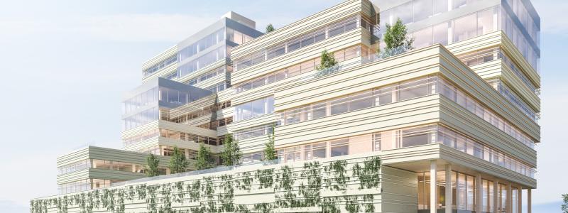 Vista Malmö - Bild: EGA Erik Giudice Architecture Fasadglas samarbetar i tidigt skede med fastighetsägaren Wihlborgs för att projektera ett av Sveriges första NollCO2-hus. Byggnaden kommer att uppfylla kraven för Miljöbyggnad Guld och WELL Core Guld. Träsystemet bARK är ett passande val för att förverkliga höga hållbarhetsmål och arkitektur.