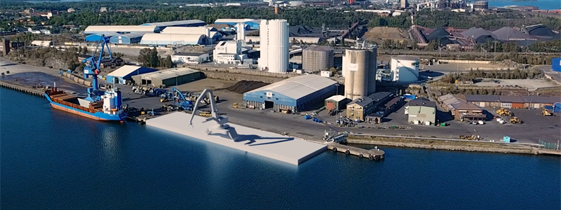 Utbyggnad av Kaj 8 Oxelösunds Hamn AB. Pressbild: Peab