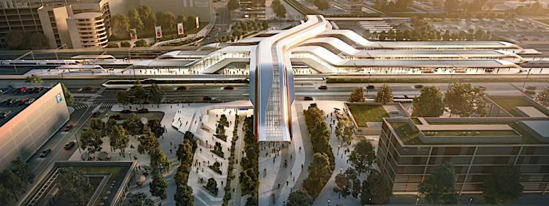 Så här kommer Rail Balticas passagerartågterminal i Tallinn att se ut när den är färdigställd. En internationell arkitekttävling hölls 2019 för designen av Tallinns passagerarterminal för Rail Baltic, som vanns av ett gemensamt bidrag från Zaha Hadid Architects och den estniska motsvarigheten ESPLAN OU. Illustration: Rail Baltica.