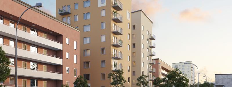 Det ska byggas fyra punkthus med totalt 92 lägenheter och två lokaler i Rinkeby, Stockholm. Pressbild: Lindbäcks