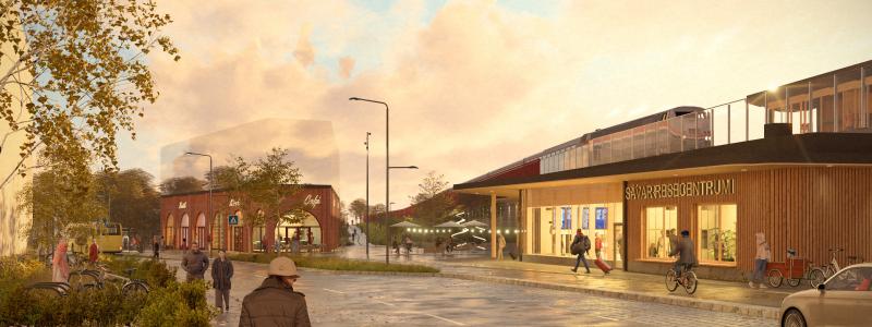 Visionsbild över ett framtida område kring resecentrum i Sävar med vy från Kungsvägen mot öster. Illustration: Link Arkitekter.
