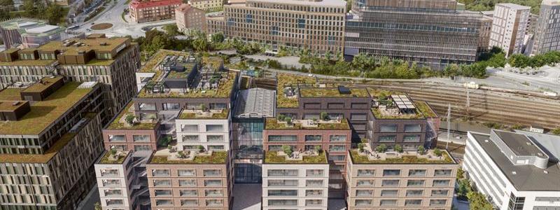 Kontorsbyggnad vid Solna station i Arenastaden, Stockholm. Pressbild: Skanska Fastigheter