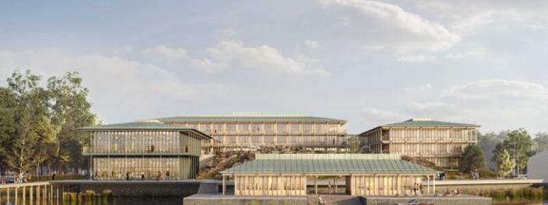 Ett destinationshotell ska stärka Skarholmen som besöksmål. Visionsbilden är ett exempel på hur hotellet skulle kunna se ut. I förgrunden syns även det kallbadhus som planeras. Illustration: Krook & Tjäder