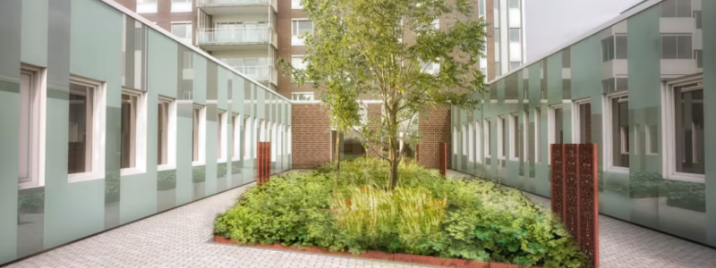Gårdsvy från ett tidigare projekt på Sollentuna sjuhkhus. Illustration: Norconsult
