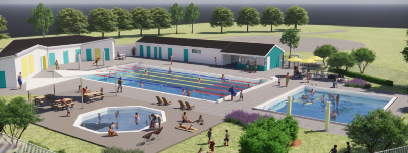 Det nya Drottninghögsbadet som får tre pooler, planeras vara färdigt till sommaren 2023. Illustration: Sweco.