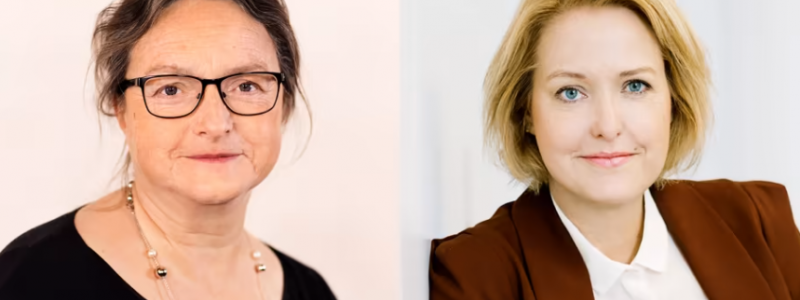 Ingela Lindh, styrelseordförande i Svensk Byggtjänst och Kajsa Hessel, vd på Svensk Byggtjänst. Foto: Byggtjänst.