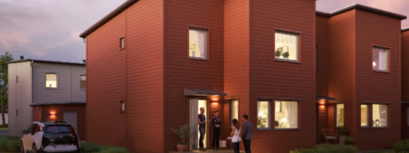 Illustration av entrésida med förstukvist, radhusen i BoKlok Lotsen, Gammelstad, Luleå. Foto: BoKolk