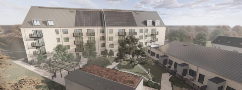 Tirfing kommer att byggas som två byggnader i vinkel med 42 hyresrätter i den högre byggnaden och 6 servicelägenheter i den lägre. På den grönskande innergården kommer bland annat en ovanlig svarttall att bevaras. Illustration: LKF