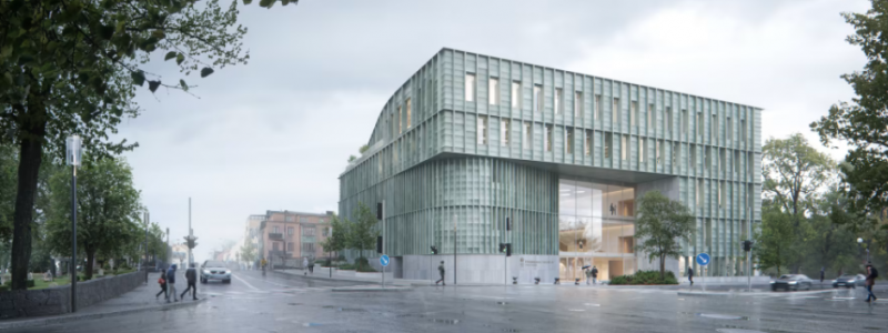 Vänersborgs nya tingsrätt binder samman parken och den äldre kvartersstaden. Illustration: Visulent