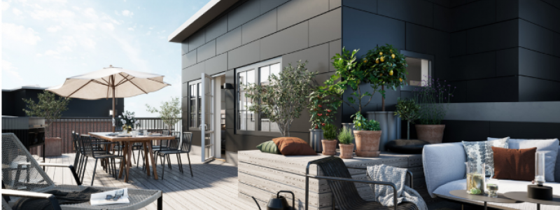 Kvarteret kommer att rymma totalt 112 bostäder – alltifrån ettor till femmor, townhouses, duplexlägenheter och penthouses med stora terrasser.