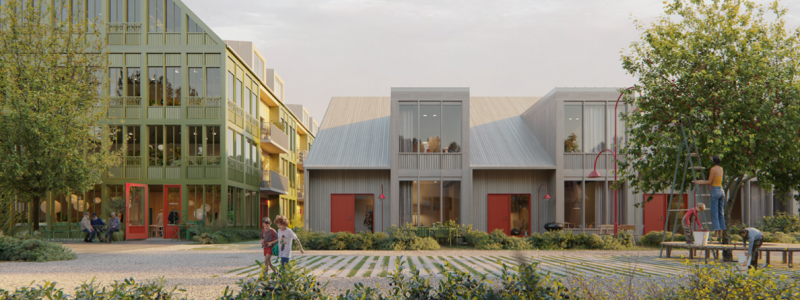 Vy över Körsbärsallén mot trygghetsboendets punschveranda och radhusen i en våning. Illustration: Utopia Arkitekter