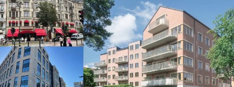 Plåt & Ventföretagens medlemsföretags nominerade projekt till Årets Fasad 2024: Sperlings backe 45, Haga Norra kv 1 och Torselden 8. Pressbild: Plåt & Ventföretagen