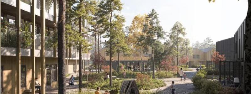 GBJ Bygg har utsetts till vinnare av Vaggeryd kommuns markanvisningstävling för Östra Strand och får nu förtroendet att utveckla ett av kvarteren i det planerade bostadsområdet. Med skogen och naturen som ledord kommer området att rymma lägenheter, radhus och parhus som smälter harmoniskt in i den omgivande tallskogen. Bilder från tävlingsförslag, vyer framtagna av 3Design.
foto GBJ Bygg