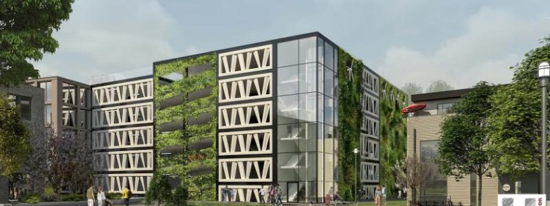LKPs nya parkeringhus med fasad av återbrukade vindkraftsvingar. Visionsbilden är gjord av Lloyds arkitektkontor.
