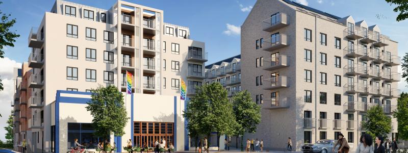 Genom att låta gaveln från Hedbergs Bil bli en del av den nya fasaden tar MKB med sig lite av historien in i framtiden.  Illustration: PE Teknik & Arkitektur AB
