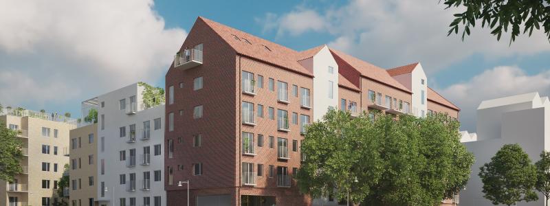 Där Öresundsvägen möter Kobjersvägen blir det ett litet torg i söderläge. Visionsbild: Sweco Architects