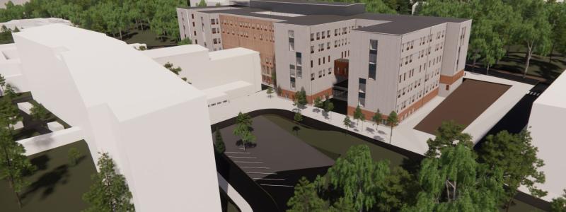 Skellefteå Nya Vårdbyggnad är ritad som en kam-byggnad med fyra vingar för att få in ljus och klara av att rymma 40 000 kvadratmeter utan att resultatet blir en låda. Visualisering: Region Västerbotten