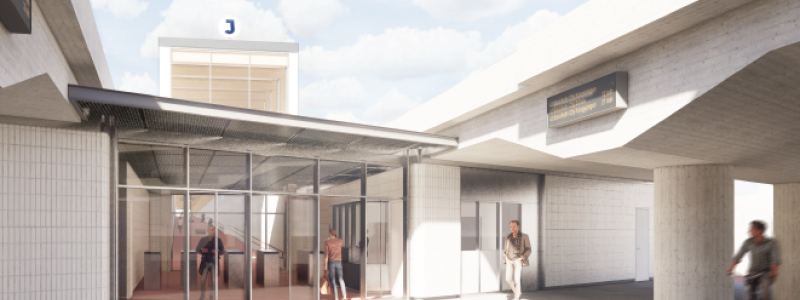 Illustration från Trafikverket som visar hur entrén planeras se ut. Arbetsmaterial från 2020 - slututformning kan avvika.