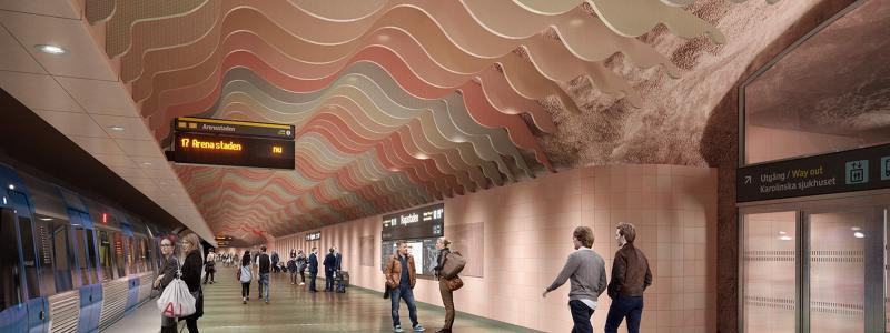 Plattformen är stationens innersta rum och kallas Snäckan. Bilden är ett utformningsförslag som kan komma att justeras. Foto: TMRW.Rundquist.Hagastaden.Runway