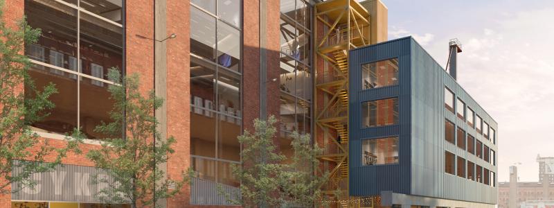 Grönt ljus för förnyelse: Livsmedelsbutik, kontor och parkeringshus integreras i Svets- och pannverkstaden. Illustration: OpenStudio Arkitekter AB