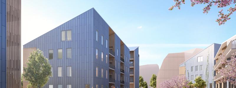 Vy över ÖrebroBostäders hus i den nya framväxande stadsdelen Tamarinden. Illustration: Sweco