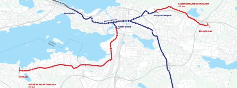 Tammerfors spårvägsnät utvidgas i två riktningar. De rödmarkerade linjerna är aktuella infrastrukturprojekt. Karta: Tammerfors Stad.