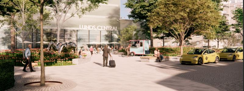 Visionsbild över den kommande entréplatsen vid Mittelbron. Den nya stationsbyggnaden i bakgrunden ingår inte i detaljplanen. Illustration: Sydväst arkitektur och landskap