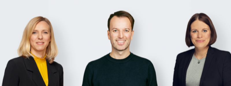 Marianne Gjertsen Ebbesen, koncerndirektör för bostadsutveckling trähus, OBOS representant i Odevos styrelse. Daniel Larsson, VD på Odevo. Ingunn Andersen Randa, koncerndirektör och ansvarig för OBOS aktieinvesteringar. Foto: OBOS