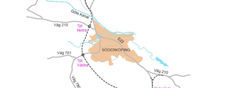 Förbifart Söderköping är en planerad mötesfri väg E22. Förbifarten är tänkt att gå sydväst om nuvarande E22.
Karta: Trafikverket