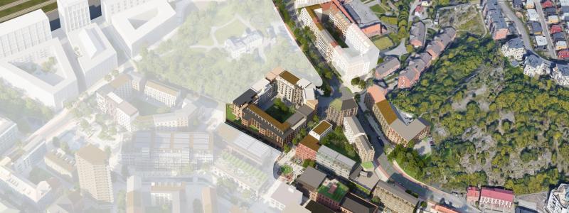 Visisonsbild: MölndalaFastighets AB/TMRW: Här är första etappen markerad som planeras vara klar 2027-2028.