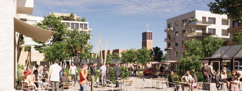 Illustration över torg och kyrkan från Svenshögsvägen. Pressbild: Lunds kommun