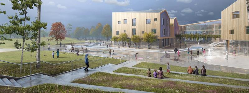 På Torslandaskolan gör man vatten till en resurs i leken såväl som i den pedagogiska verksamheten. Illlustration: LINK Arkitektur
