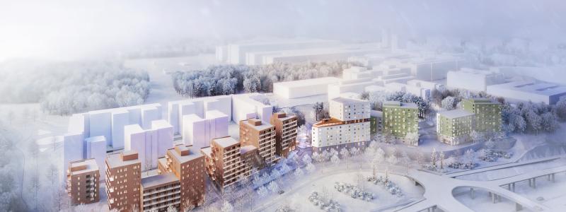 Visionsbild nya studentbostäder på Campus Flemingsberg (bild: Towatt Architects & Planners)