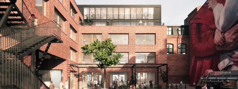 Det anrika kvarteret Bilden på Möllevången i Malmö kompletteras med en ny byggnad för kreativa verksamheter. Illustration: FOJAB