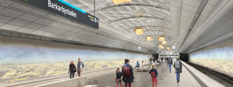 Visionsbild nya tunnelbanan - station Barkarbystaden. Konstnär Helena Byström. White Arkitekter