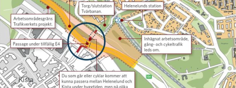 E4:an i höjd med Helenelund. Karta: Trafikverket