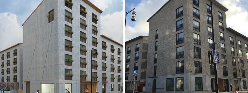 Visionsbilden före (Murman Arkitekter) och efter justeringarna (Liljewall Arkitekter). Till höger det flerbostadshus som nu står vid korsningen Optimusvägen/Finspångvägen. Foto: Upplands Väsby kommun