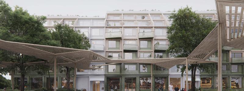 Utopia Arkitekter och ED Byggs förslag, Åkerholmen, intill det planerade torget i Djurgården. Bild: Utopia Arkitekter