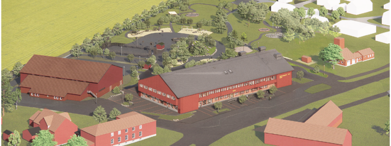 I gestaltningen av den nya skolan som ska byggas i Gamla Uppsala, tas hänsyn till omgivande bebyggelse och områdets kulturhistoriska miljö (Illustration: LLP arkitekter)