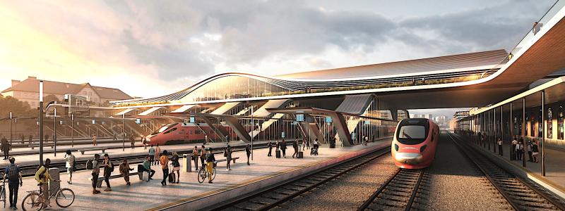 Zaha Hadid Architects (ZHA) design av en framtida ombyggd centralstation i Vilnius, Litauens huvudstad. Målet är att tillföra faciliteter för att betjäna Rail Baltica-tjänsten, som så småningom kommer att länka samman Litauen, Lettland och Estland med resten av EU. Illustration med tillstånd av ZHA