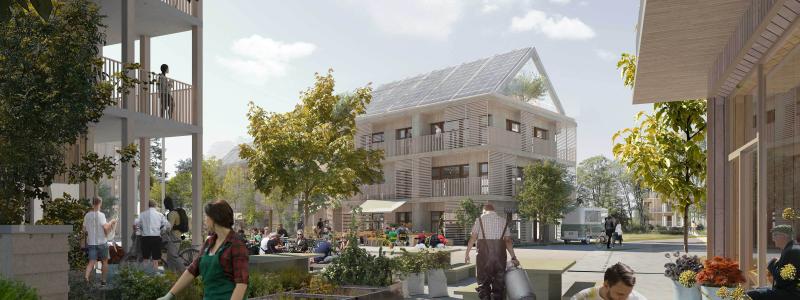 Visionsbild för hur ett energipositivt område kan se ut. Illustration: White Arkitekter