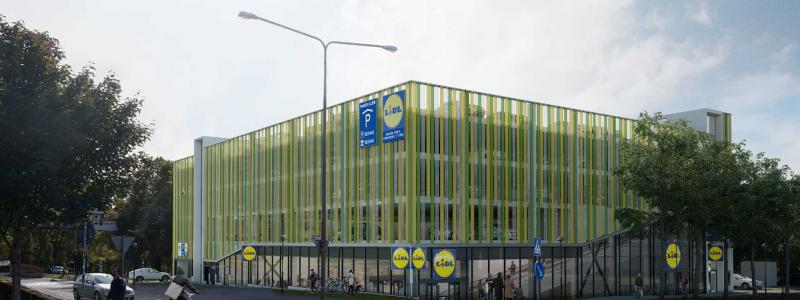 Visionsbild för parkeringshus och Lidl-butik i Borås. Pressbild: RO-Gruppen AB