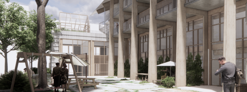 Gamla våningsplan lägger grunden för nya Kvarteret Återbruket. Visionsbild: Lendager Group